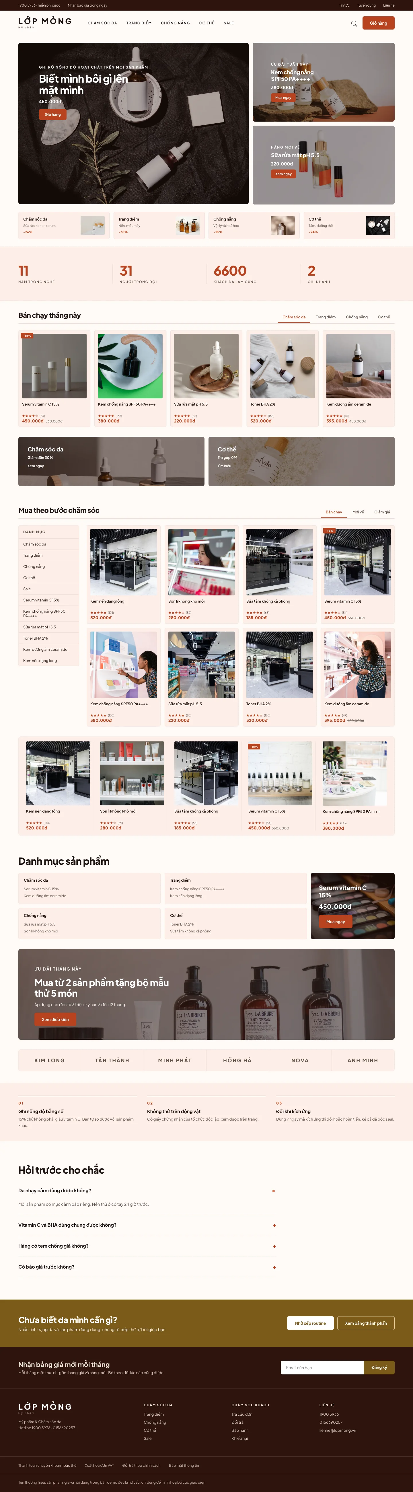 Trang chủ của giao diện LỚP MỎNG, từ thanh điều hướng xuống chân trang